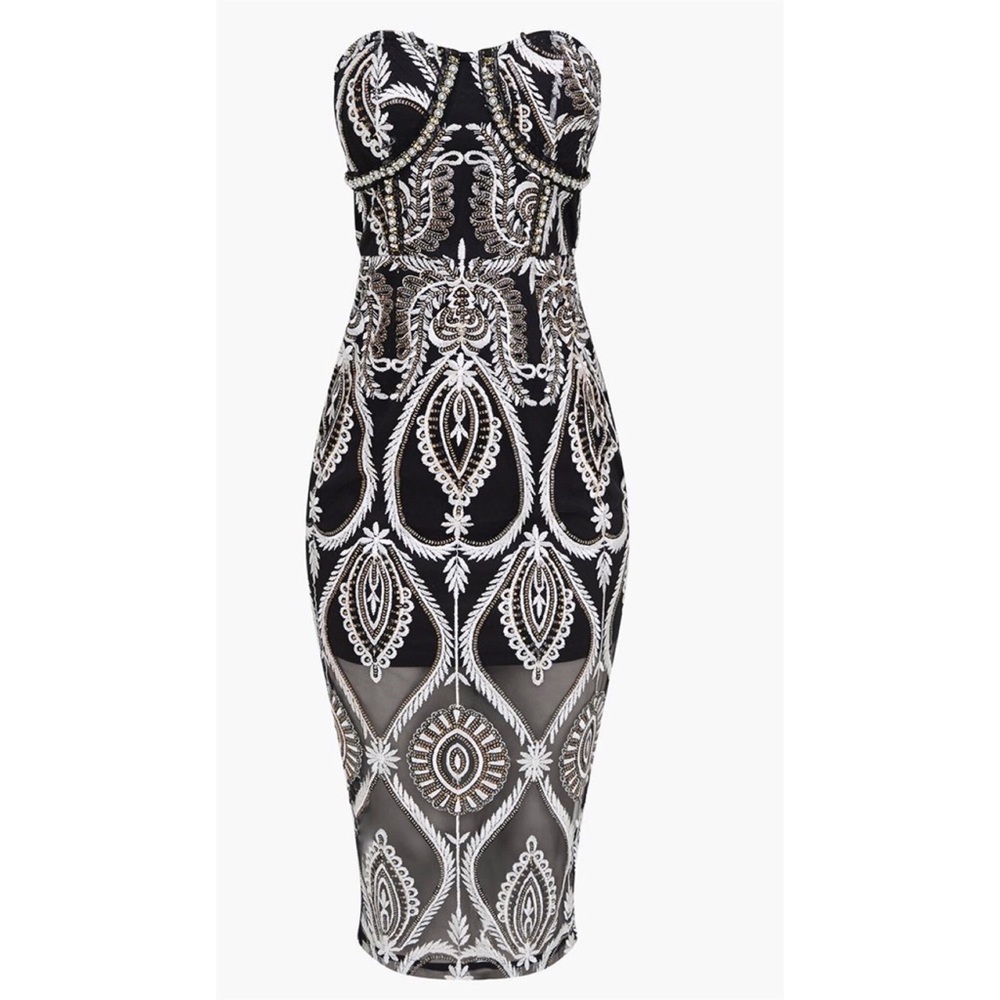 PLT Black Sequin Embroidered Bandeau Midi Dress